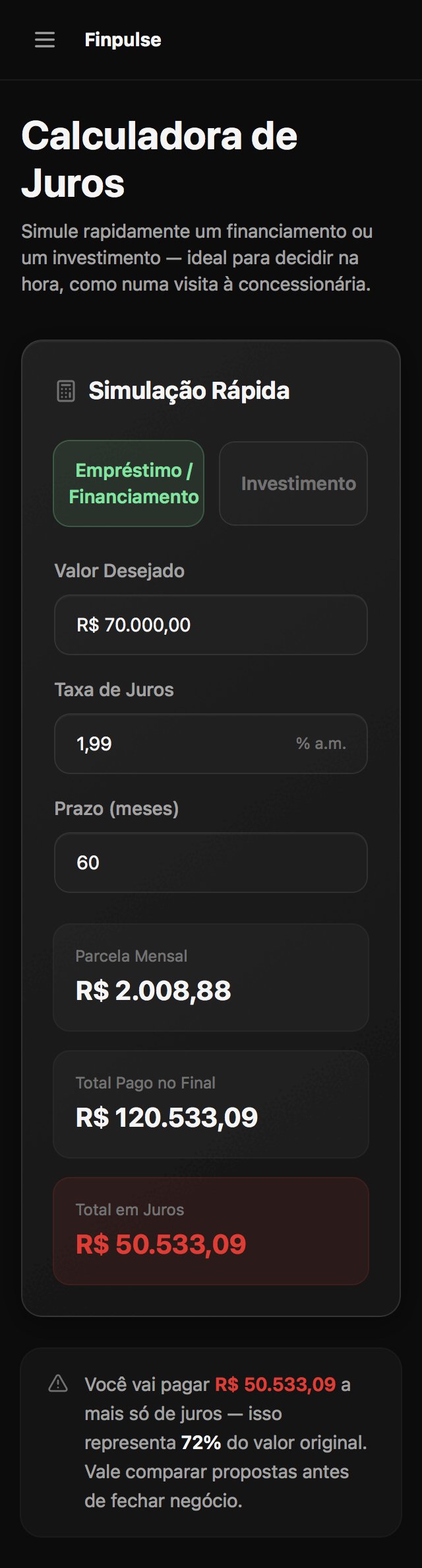 Tela da Calculadora de Juros do Finpulse