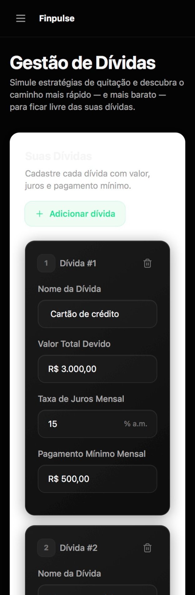 Tela de Gestão de Dívidas do Finpulse