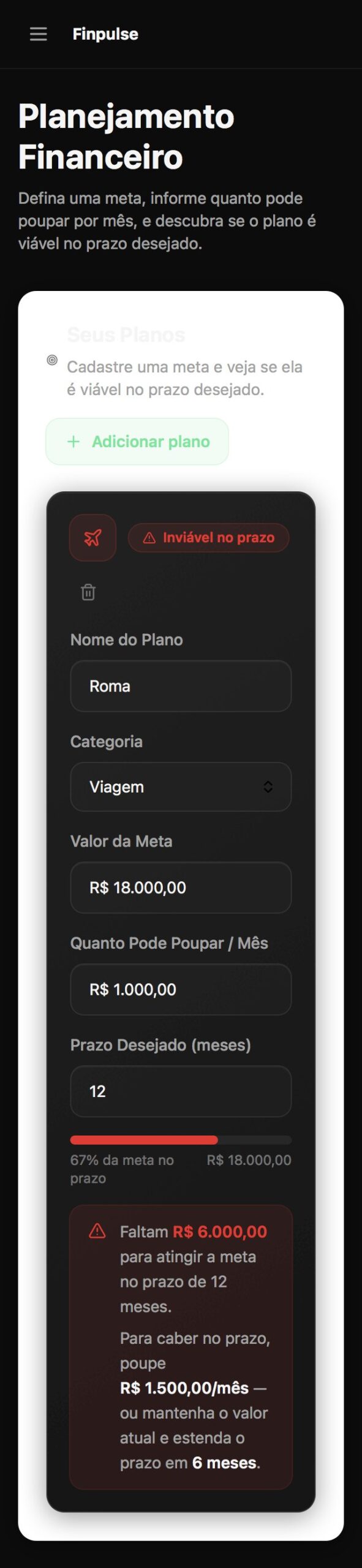 Tela de Planejamento Financeiro do Finpulse